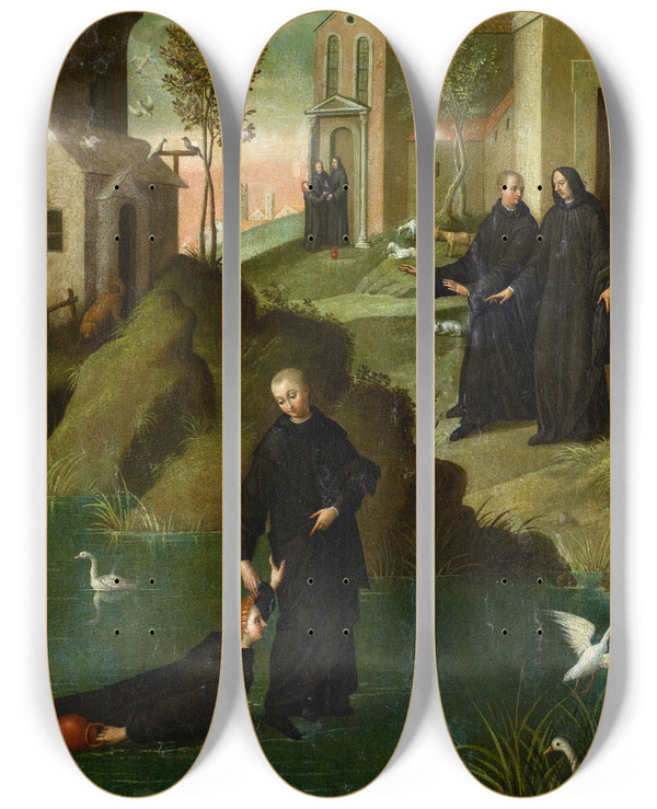 Triptych art skateboard deck of Benvenuto Tisi Saint Maur Rescuing Saint Placid From Drowning by Benvenuto Tisi (1481-1559)