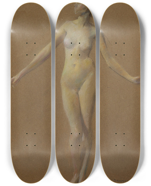 Triptych art skateboard deck of Thomas Wilmer Dewing Nude Study by Thomas Wilmer Dewing (1851-1938)