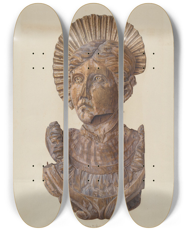 Triptych art skateboard deck of Alvin M Gully Head From Circus Wagon by Alvin M Gully