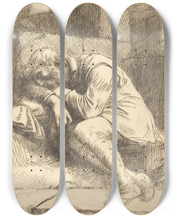 Triptych art skateboard deck of Alphonse Legros Sleeping Beggar Mendiant Endormi Ii by Alphonse Legros (1837-1911)