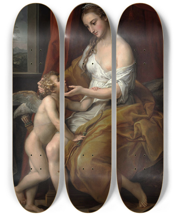 Triptych art skateboard deck of Pompeo Batoni Venus Caressing Cupid by Pompeo Batoni (1708-1787)