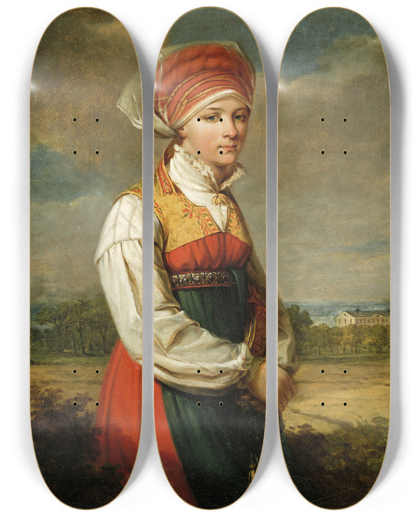 Triptych art skateboard deck of Johan Gustaf Sandberg Girl From Vingker by Johan Gustaf Sandberg (1782-1854)