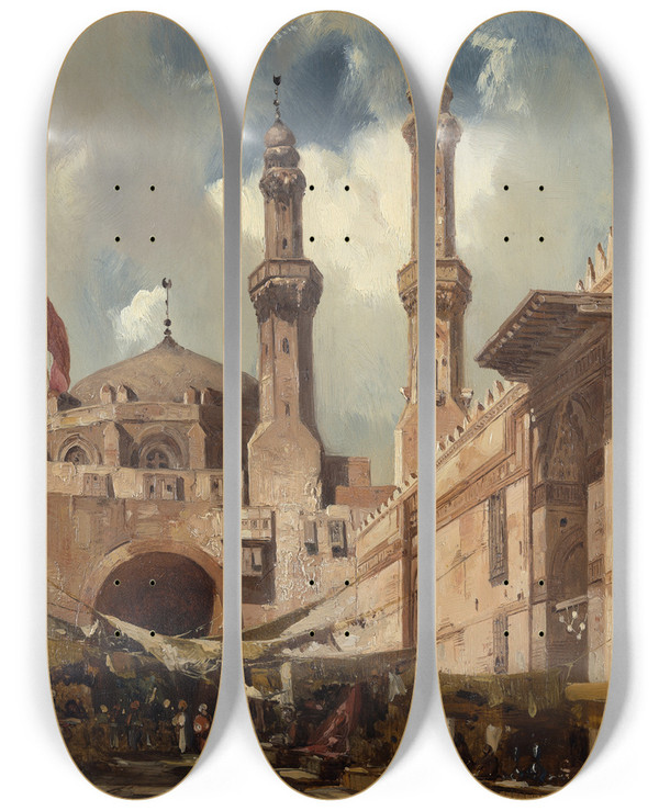 Triptych art skateboard deck of Adrien Dauzats A Cairo Bazaar by Adrien Dauzats (1804-1868)