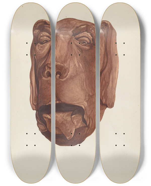 Triptych art skateboard deck of Vera Van Voris Carved Dogs Head by Vera Van Voris