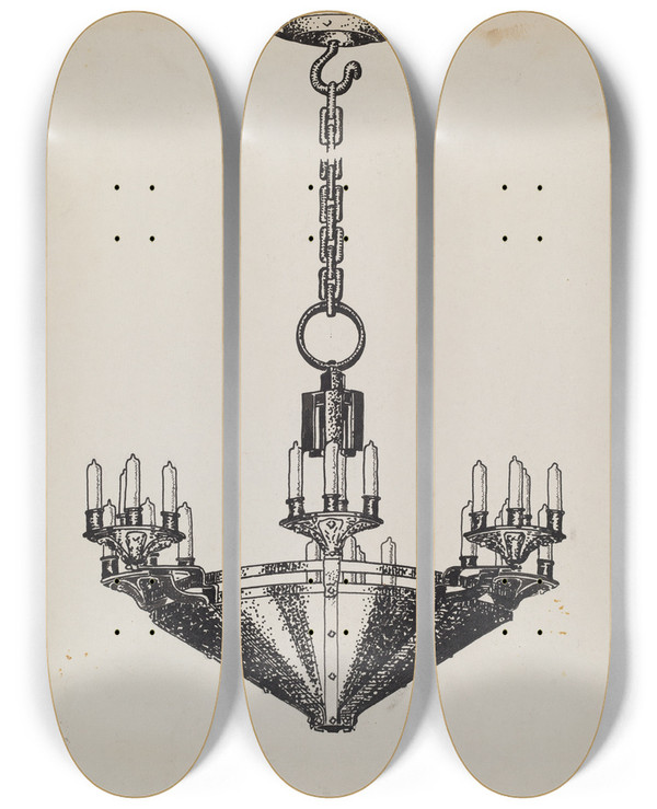 Triptych art skateboard deck of Florence Huston Chandelier by Florence Huston