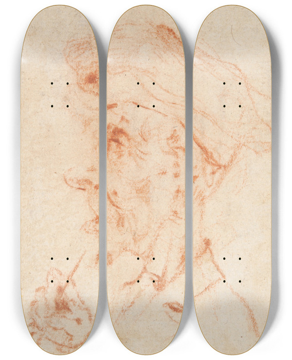 Triptych art skateboard deck of Pier Leone Ghezzi Head Of A Man Inprofile by Pier Leone Ghezzi (1674-1755)