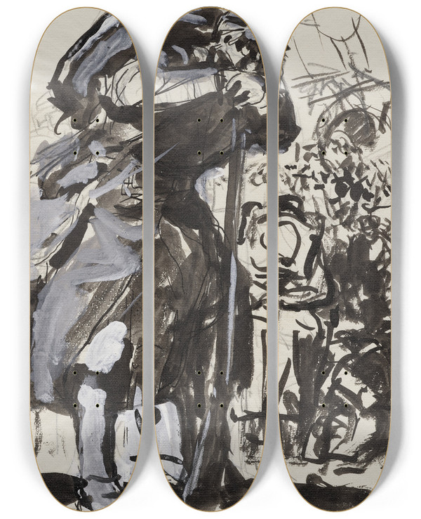Triptych art skateboard deck of Auguste Louis Lepre La Retraite Aprs Charleroi_1 by Auguste Louis Lepere (1849-1918)