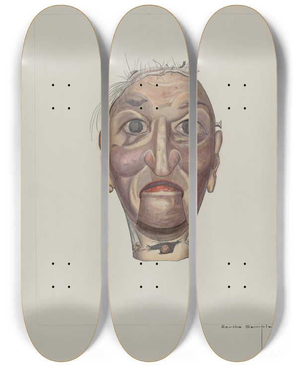 Triptych art skateboard deck of Bertha Semple Wood Chopper Puppet by Bertha Semple