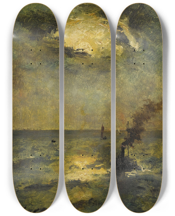 Triptych art skateboard deck of Alfred George Stevens Ships Sun Breaking Through Clouds by Alfred George Stevens (1817-1875)
