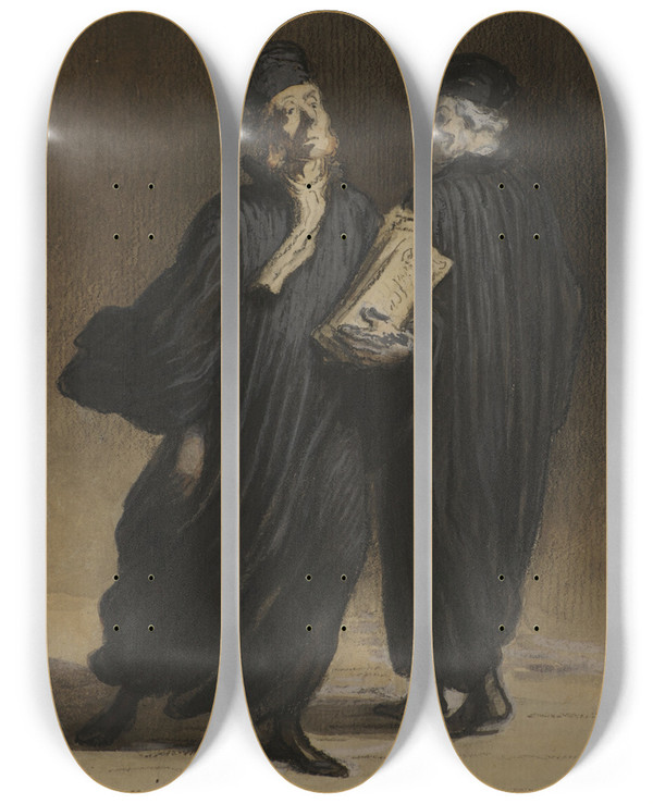 Triptych art skateboard deck of Honor Daumier Les Avocats by Honore Daumier (1808-1879)