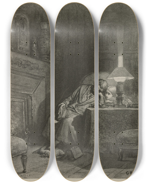 Triptych art skateboard deck of Gustave Dor The Raven Pl03 by Gustave Dore (1832-1883)