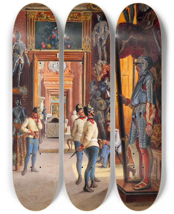 Triptych art skateboard deck of Carl Goebel The Younger In Der Ambraser Sammlung by Carl Goebel The Younger (1824-1899)
