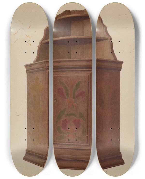Triptych art skateboard deck of William H Edwards Hanging Corner Cupboard by William H Edwards