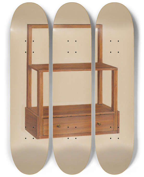 Triptych art skateboard deck of Rolland Livingstone Hanging Shelf by Rolland Livingstone