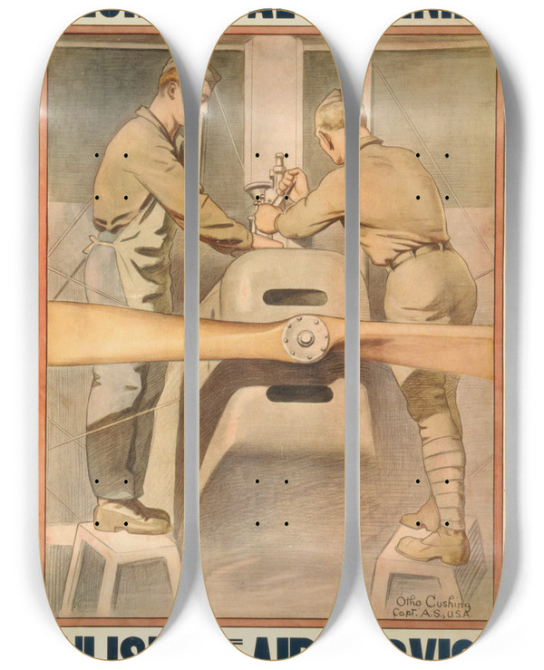 Triptych art skateboard deck of Otho Cushing Mechanical Trainingenlist In The Air Service by Otho Cushing (1870-1942)