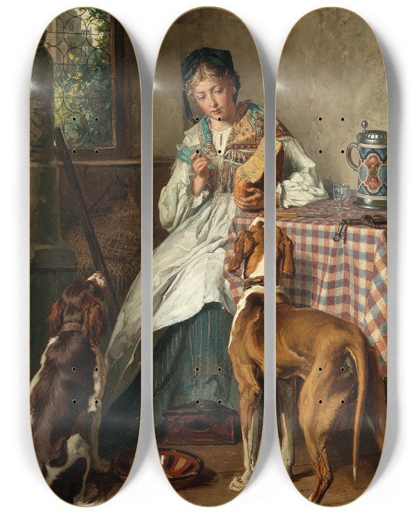 Triptych art skateboard deck of Thodore Grard Two Hungry Companions by Theodore Gerard (1829-1895)