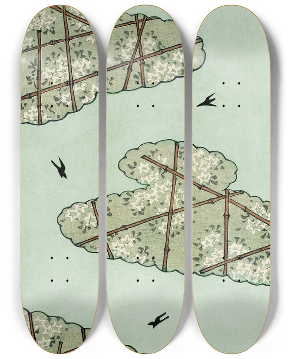 Triptych art skateboard deck of Watanabe Seitei Sky Illustration by Watanabe Seitei (1851-1918)