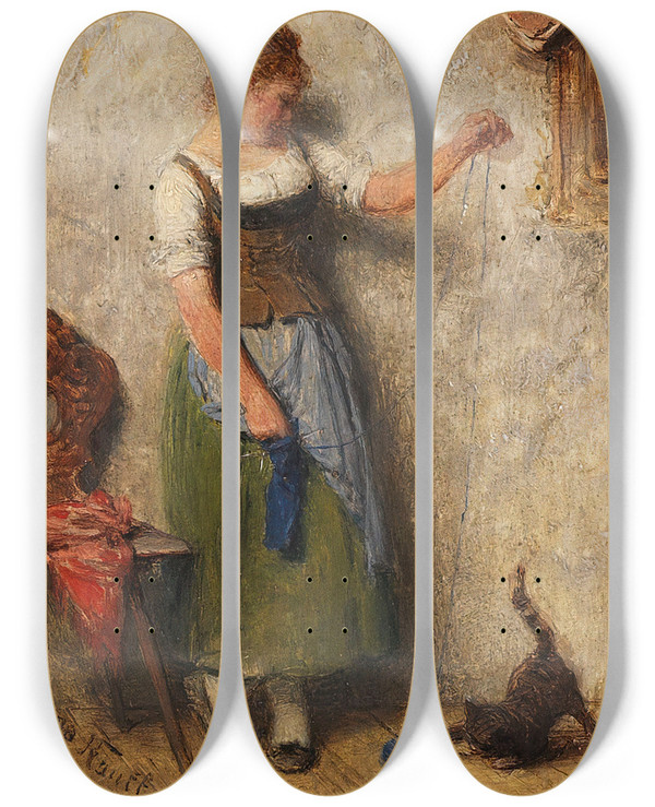 Triptych art skateboard deck of Hugo Kauffmann Mdchen Mit Katze by Hugo Kauffmann (1844-1915)