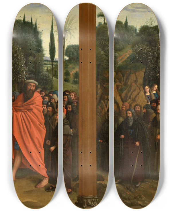 Triptych art skateboard deck of Jan Van Eyck Holy Hermits And Holy Pilgrims by Jan Van Eyck (1390-1441)