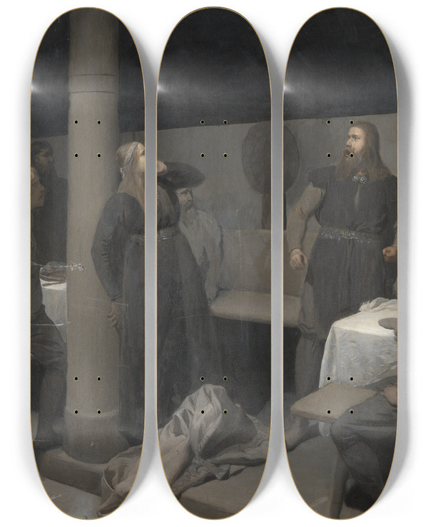 Triptych art skateboard deck of August Malmstrm Hallgerds Slap Illustration For Njals Saga Ch 48 by August Malmstrom (1829-1901)