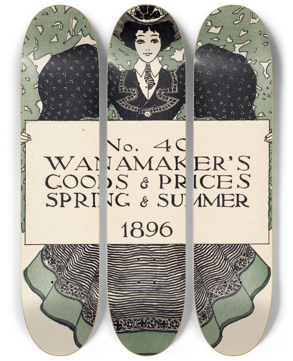 Triptych art skateboard deck of Maxfield Parrish No 40 Wanamakers Goods Prices Spring And Summer 1896 by Maxfield Parrish (1870-1966)