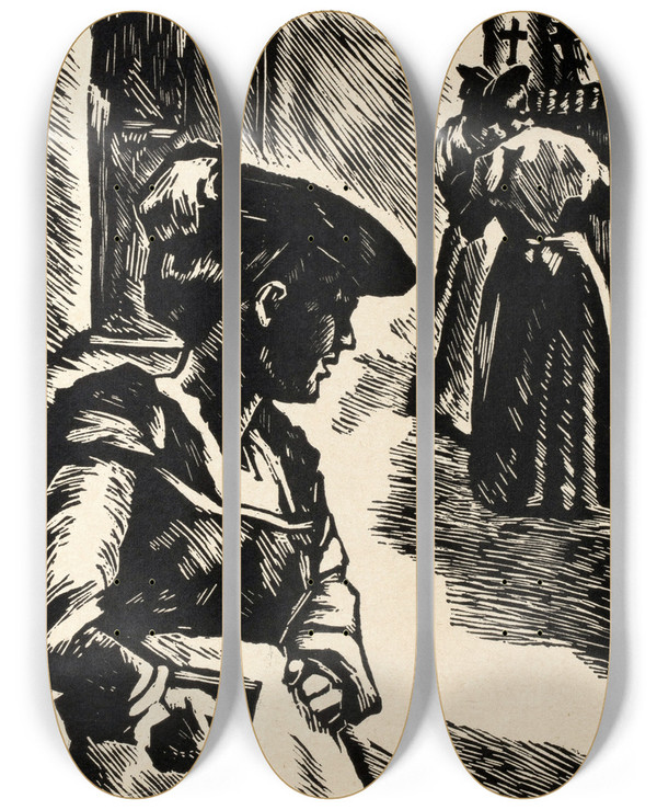 Triptych art skateboard deck of August Kratzer Der Kirchgang by August Kratzer (1913-1943)