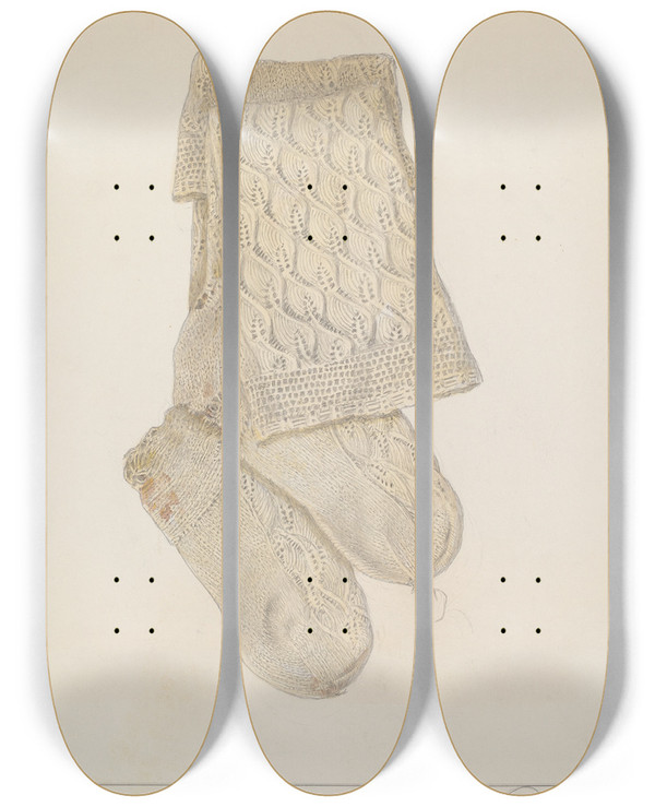 Triptych art skateboard deck of Cora Parker Childs Stocking by Cora Parker