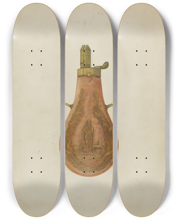 Triptych art skateboard deck of T Joyce Powder Flask by T Joyce