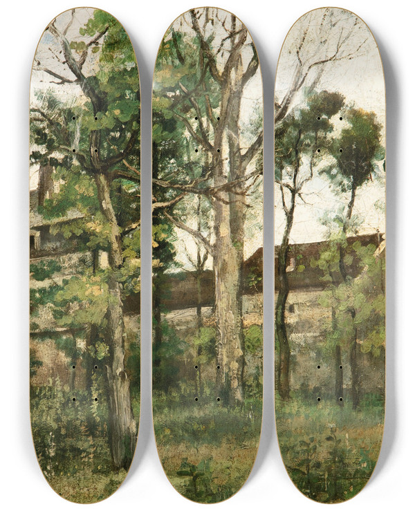 Triptych art skateboard deck of Stanislas Lpine Houses In The Woods by Stanislas Lepine (1835-1892)