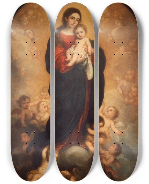 Triptych art skateboard deck of Bartolom Estebn Murillo Virgin And Child In Glory by Bartolome Esteban Murillo (1617-1682)