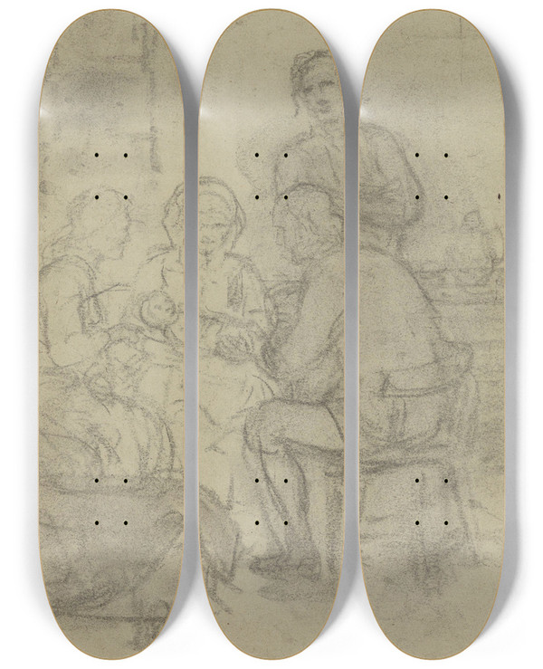 Triptych art skateboard deck of Adolph Tidemand Figurer Rundt Kvinne Med Spebarn by Adolph Tidemand (1814-1876)