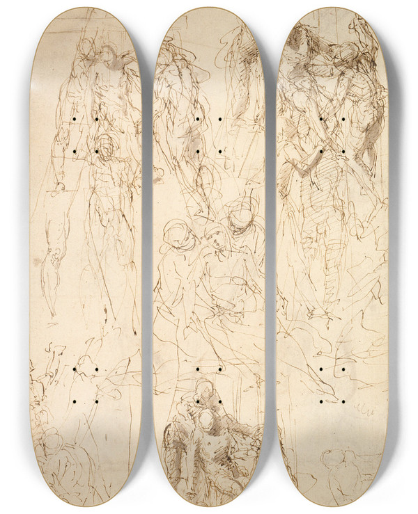 Triptych art skateboard deck of Aurelio Luini Studies For The Deposition by Aurelio Luini (1530-1593)