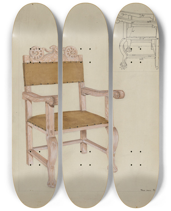Triptych art skateboard deck of Vera Van Voris Chair by Vera Van Voris