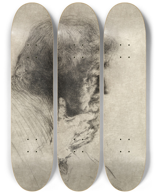Triptych art skateboard deck of Arthur William Heintzelman Old Man Thinking by Arthur William Heintzelman (1891-1965)