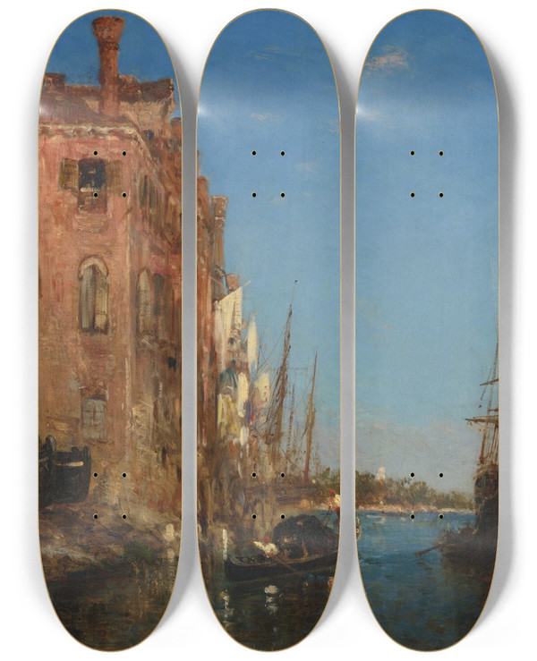 Triptych art skateboard deck of Flix Ziem Gondole Venise by Felix Ziem (1821-1911)