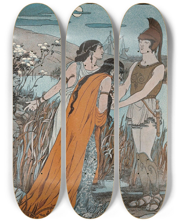 Triptych art skateboard deck of Maud Hunt Squire Both The Princesses Besought Him by Maud Hunt Squire (1873-1954)