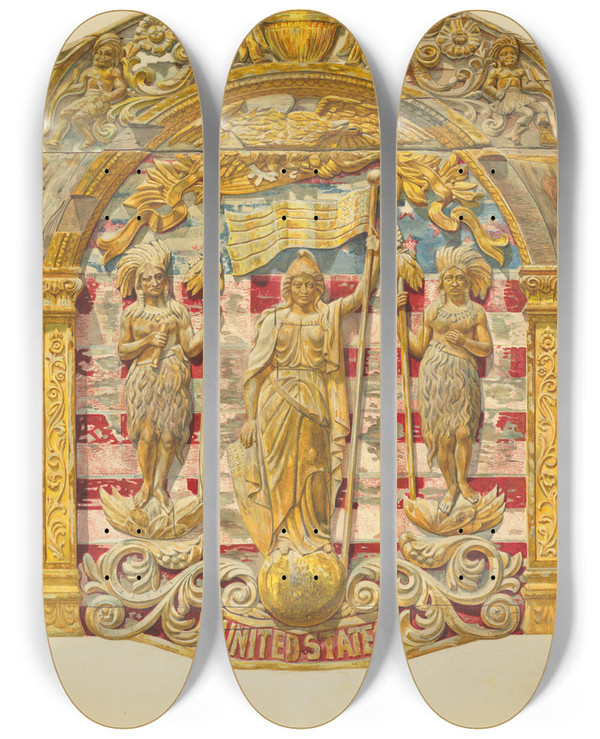Triptych art skateboard deck of Frank M Keane Panel From Circus Wagon by Frank M Keane