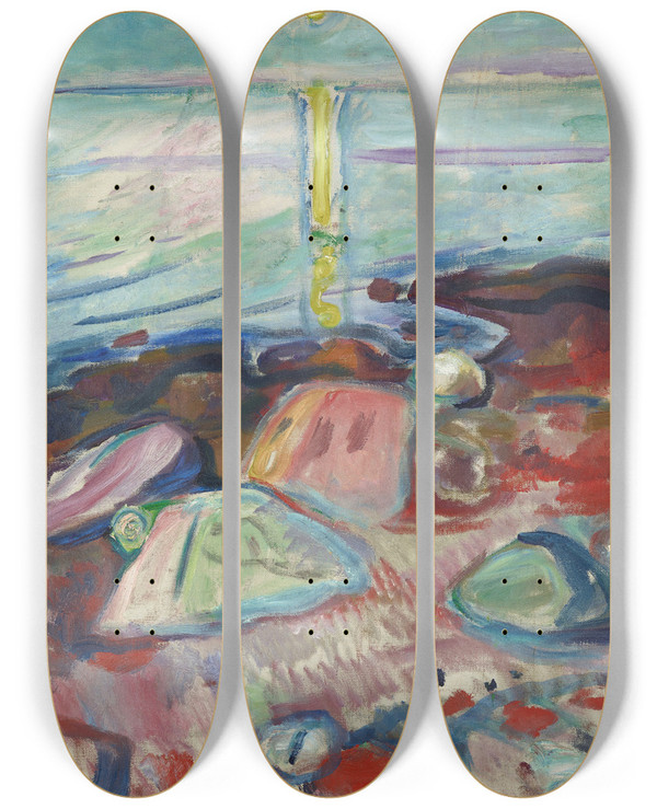 Triptych art skateboard deck of Edvard Munch Moonlight On The Beach by Edvard Munch (1863-1944)