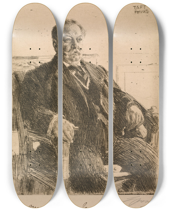 Triptych art skateboard deck of Anders Zorn President William Howard Taft by Anders Zorn (1860-1920)
