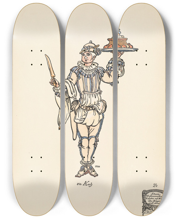 Triptych art skateboard deck of Ernst Stern Ein Koch by Ernst Stern (1876-1954)