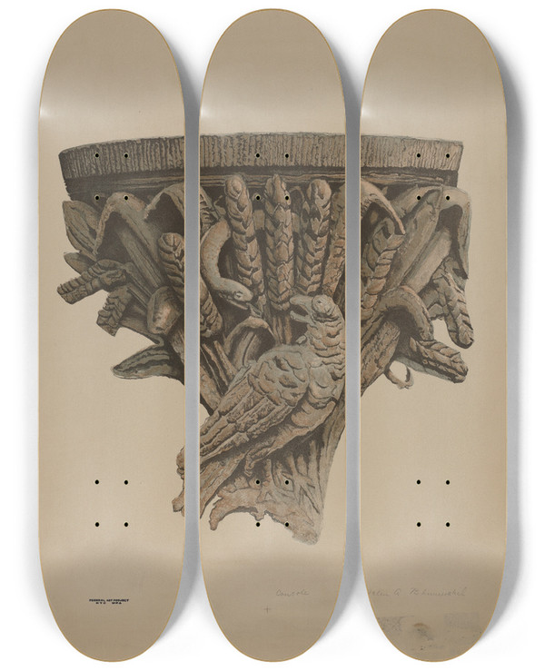 Triptych art skateboard deck of Helen Blumenstiel Architectural Ornament by Helen Blumenstiel