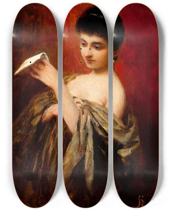 Triptych art skateboard deck of Apolinary Kotowicz Lady With A Letter by Apolinary Kotowicz (1859-1917)