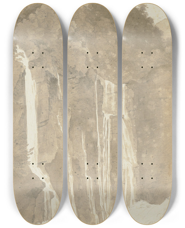 Triptych art skateboard deck of Ferdinand Kobell Wasserfall by Ferdinand Kobell (1740-1799)
