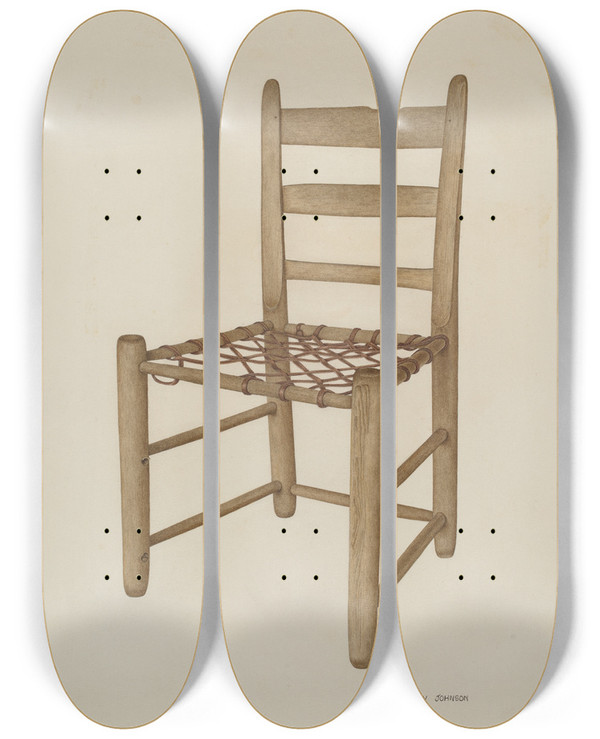 Triptych art skateboard deck of Dorothy Johnson Braided Rawhide Bottom Chair by Dorothy Johnson
