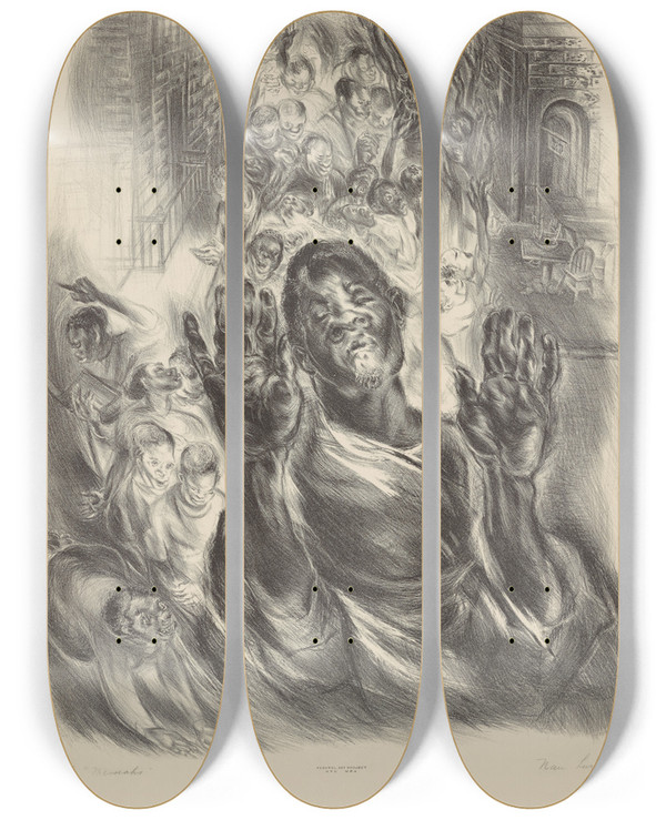 Triptych art skateboard deck of Nan Lurie The Messiahs by Nan Lurie (1910-1985)