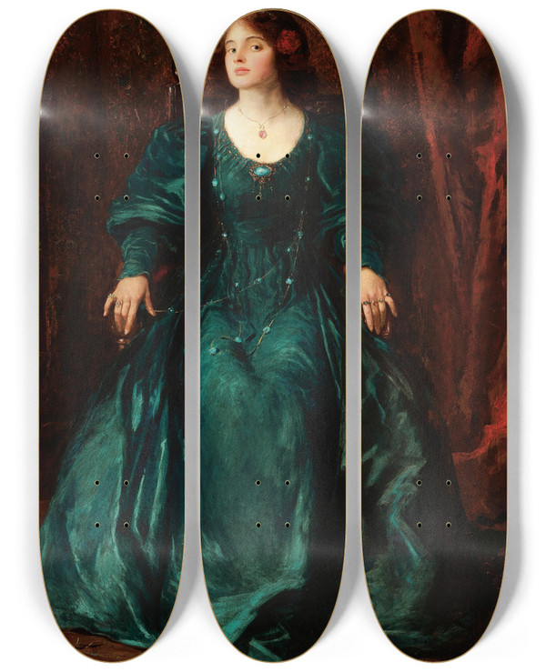 Triptych art skateboard deck of Thomas Edwin Mostyn Vanity by Thomas Edwin Mostyn (1864-1930)