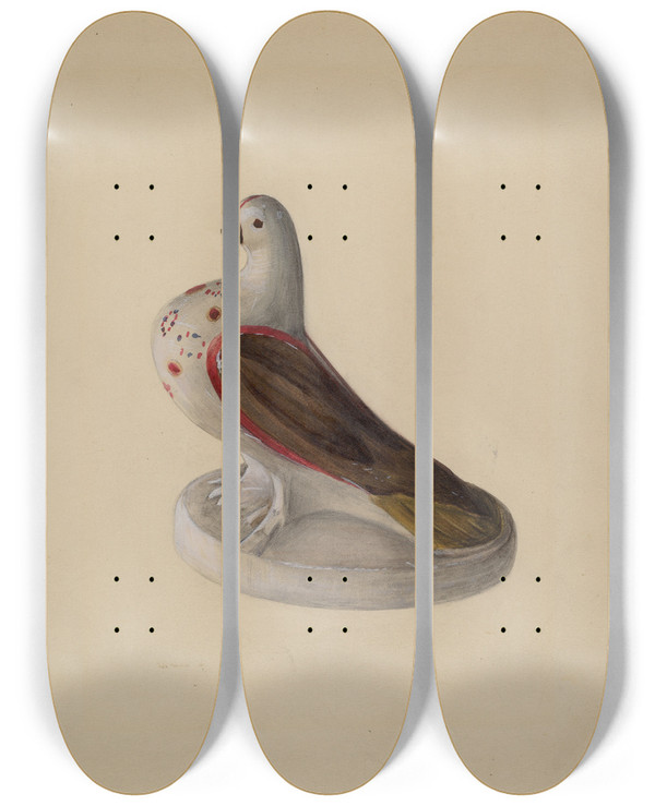 Triptych art skateboard deck of Mina Lowry Chalkware Pigeon Figurine by Mina Lowry (1894-1942)