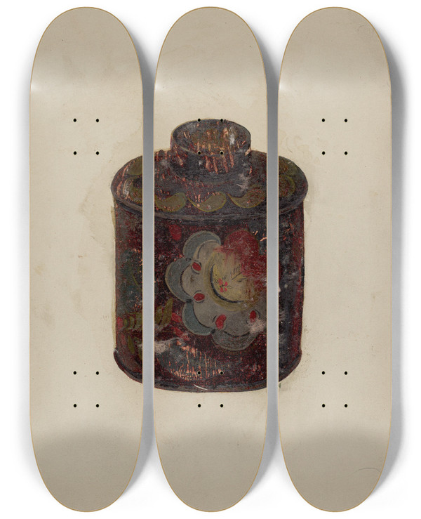 Triptych art skateboard deck of Myra Newswanger Toleware Canister by Myra Newswanger