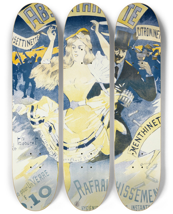 Triptych art skateboard deck of Benjamin Rabier Absinthinette by Benjamin Rabier (1864-1939)