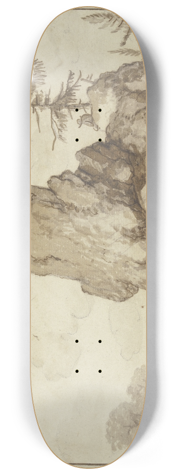 Allaert van Everdingen - Einzeln stehender Fels mit einer Tanne, dabei drei Mnner, ein vierter sitzt unter der Tanne 8.25 inch art skate deck